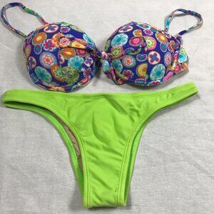 Recco Size Large Brazilian Bright Underwire Print Bikini Top & Green Bottom. New
